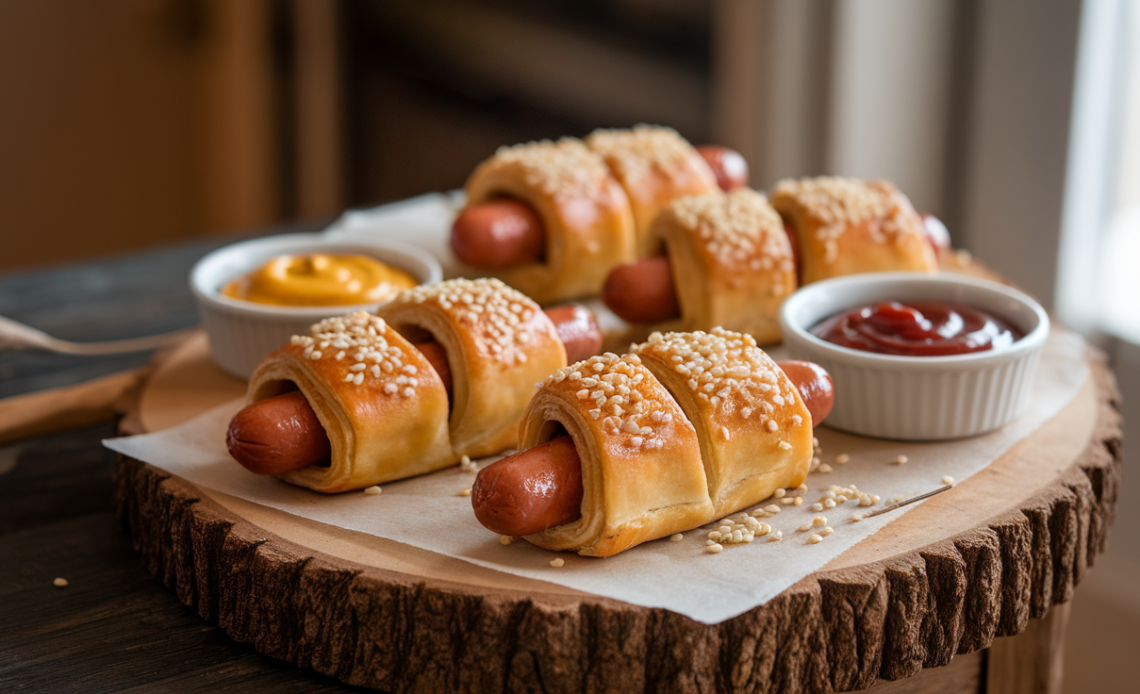 Golden puff pastry-wrapped hot dogs baked to a crispy perfection on a baking sheet.