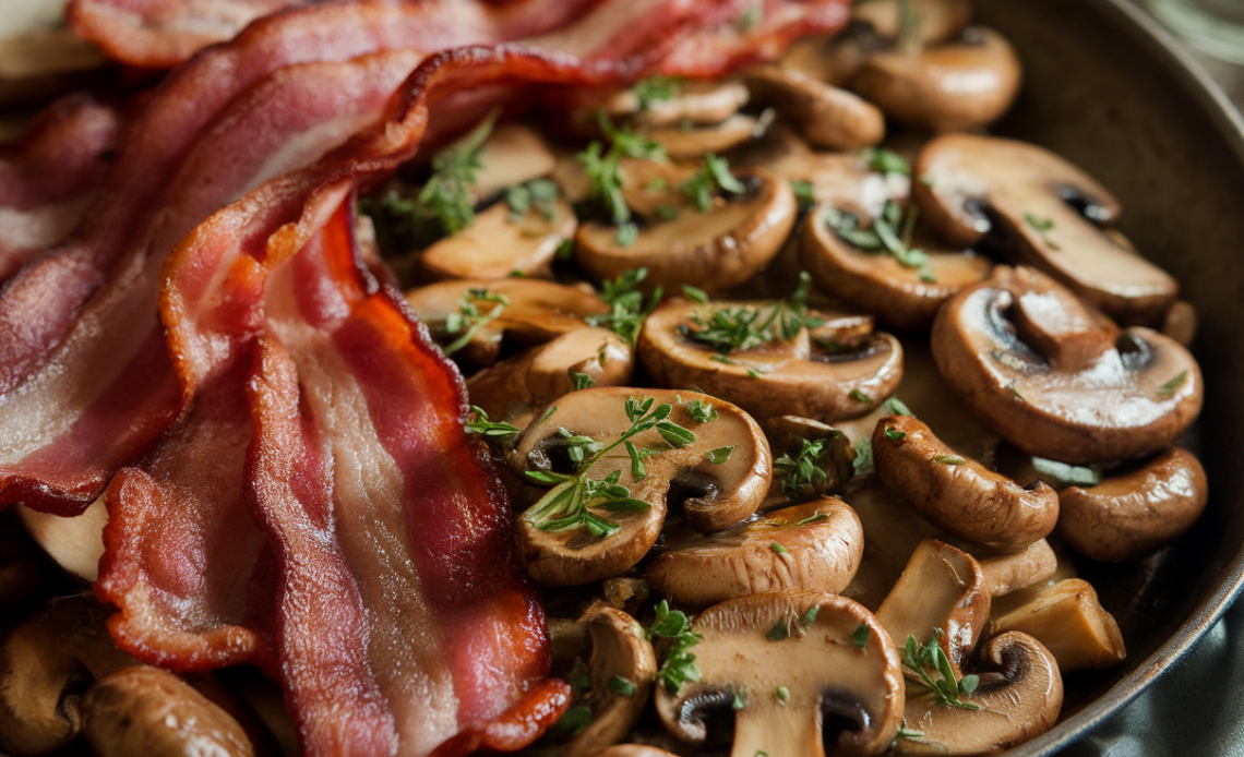 Sizzling mushroom bacon strips cooking in a hot pan, golden and crispy.