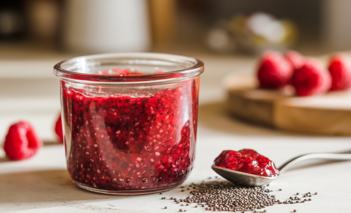 A jar of homemade raspberry chia jam with a spoon, surrounded by fresh raspberries on a wooden table.