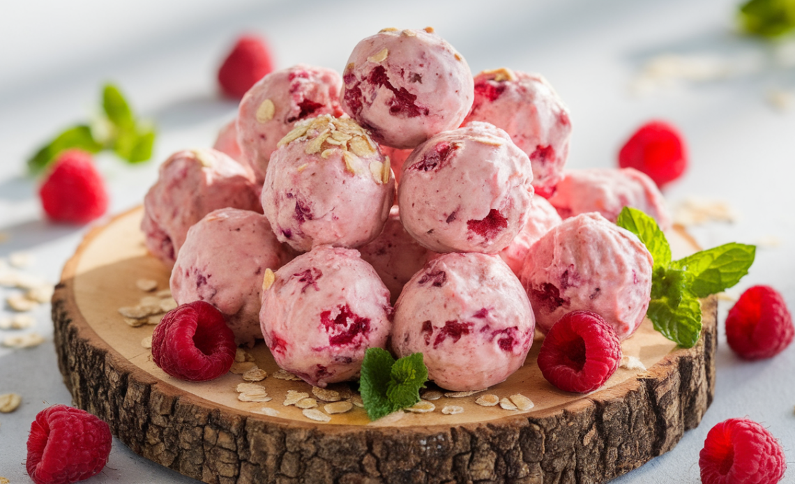 Homemade raspberry cream cheese protein balls rolled in coconut, packed with protein and natural sweetness.