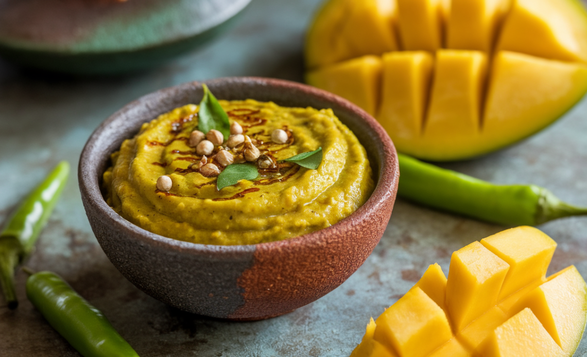 A bowl of tangy raw mango chutney with fresh mango pieces and spices.
