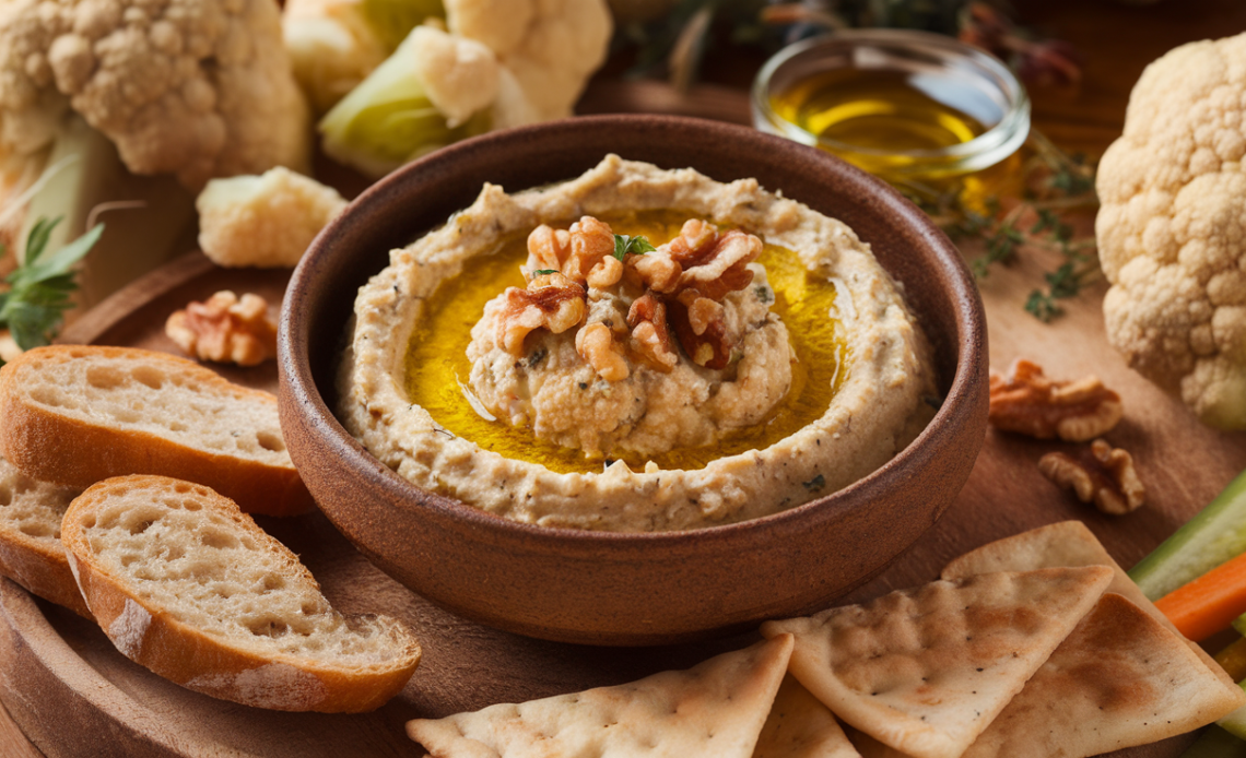 Creamy roasted cauliflower and walnut dip in a white bowl, garnished with parsley, walnuts, and a drizzle of olive oil, served with toasted bread and vegetable sticks.