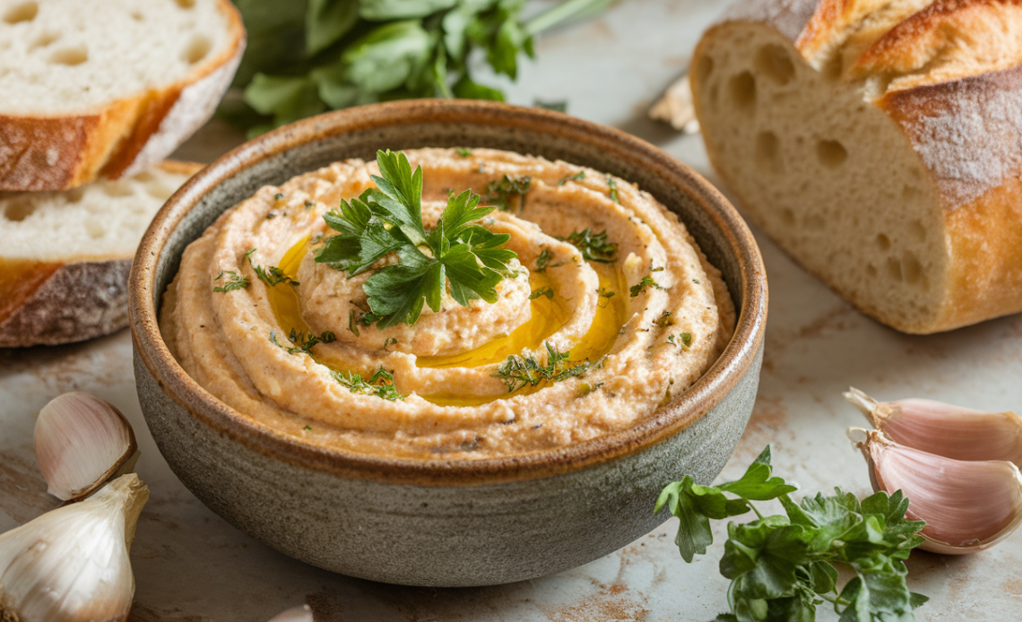 Creamy roasted garlic dip in a white bowl, garnished with fresh parsley and a drizzle of olive oil, served with toasted bread and vegetable sticks.