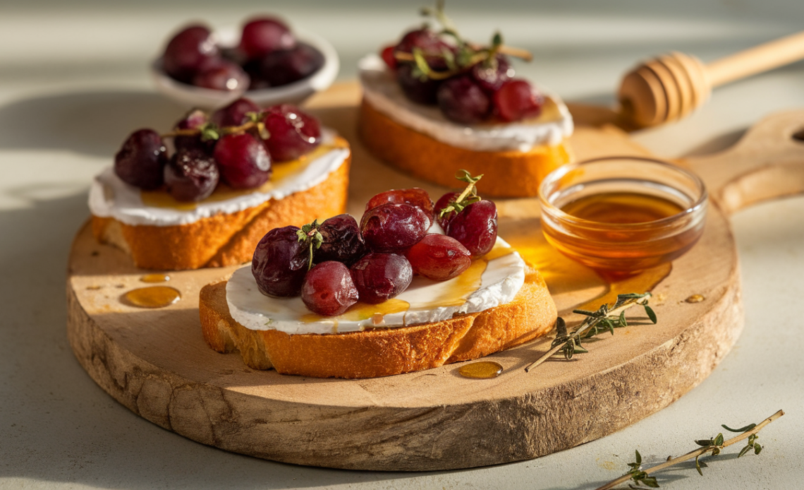 Golden crostini topped with melted brie, roasted red grapes, fresh thyme, and a drizzle of honey on a rustic wooden board.