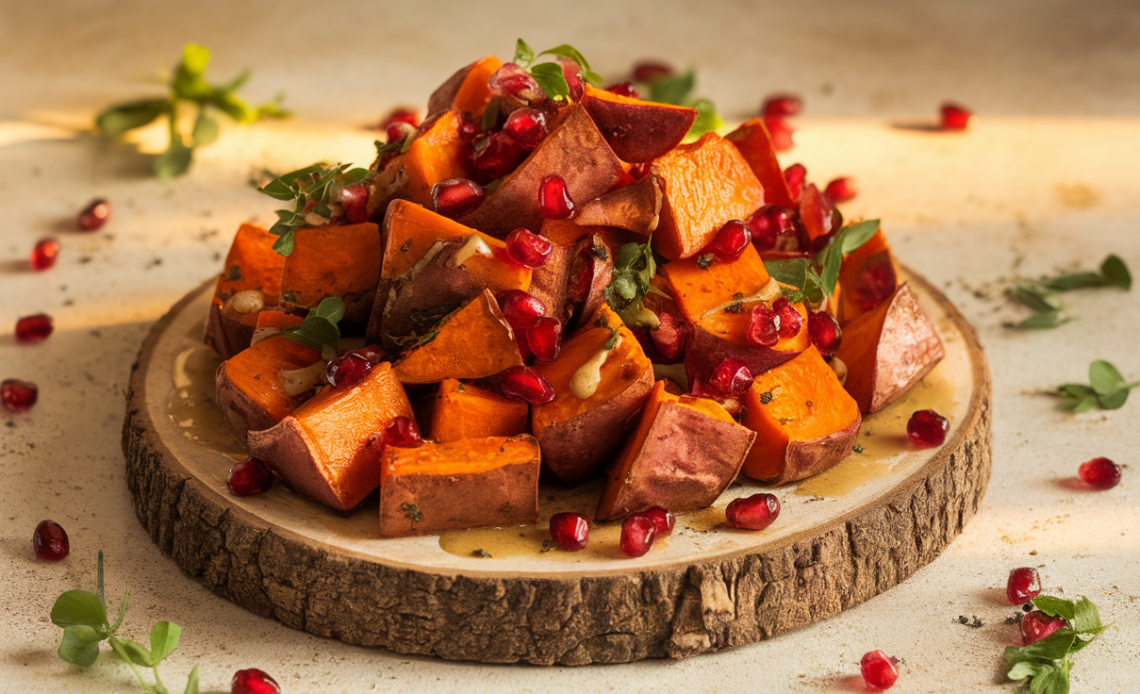 Golden roasted sweet potatoes topped with fresh pomegranate seeds, chopped parsley, and a drizzle of tahini on a rustic white plate.
