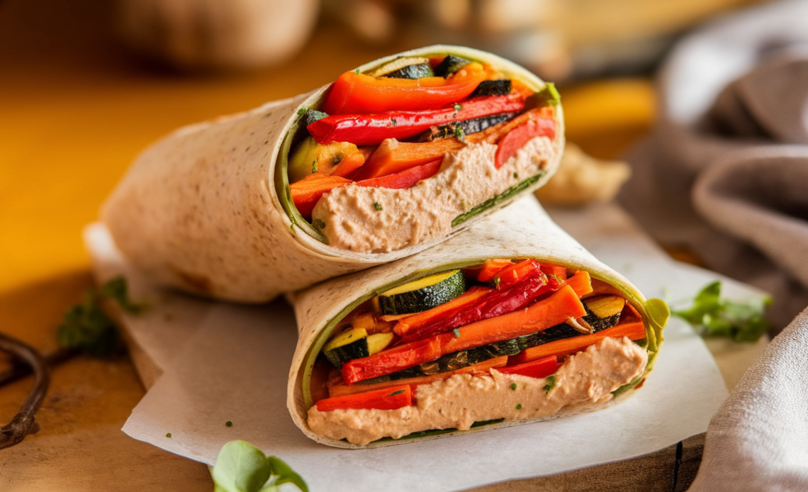 Close-up of a colorful roasted veggie and hummus wrap sliced in half, showing roasted bell peppers, zucchini, carrots, and creamy hummus inside a whole wheat tortilla.