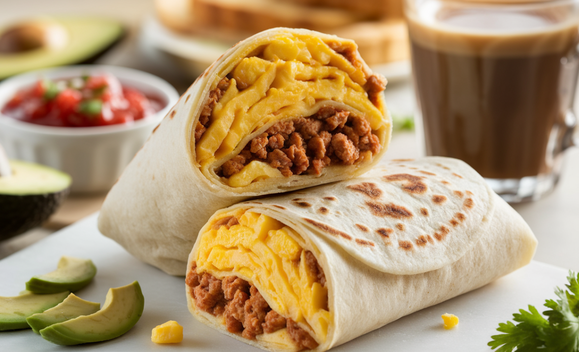 Freshly made sausage, egg, and cheese burrito wrapped in a warm flour tortilla, served on a rustic plate with salsa on the side.