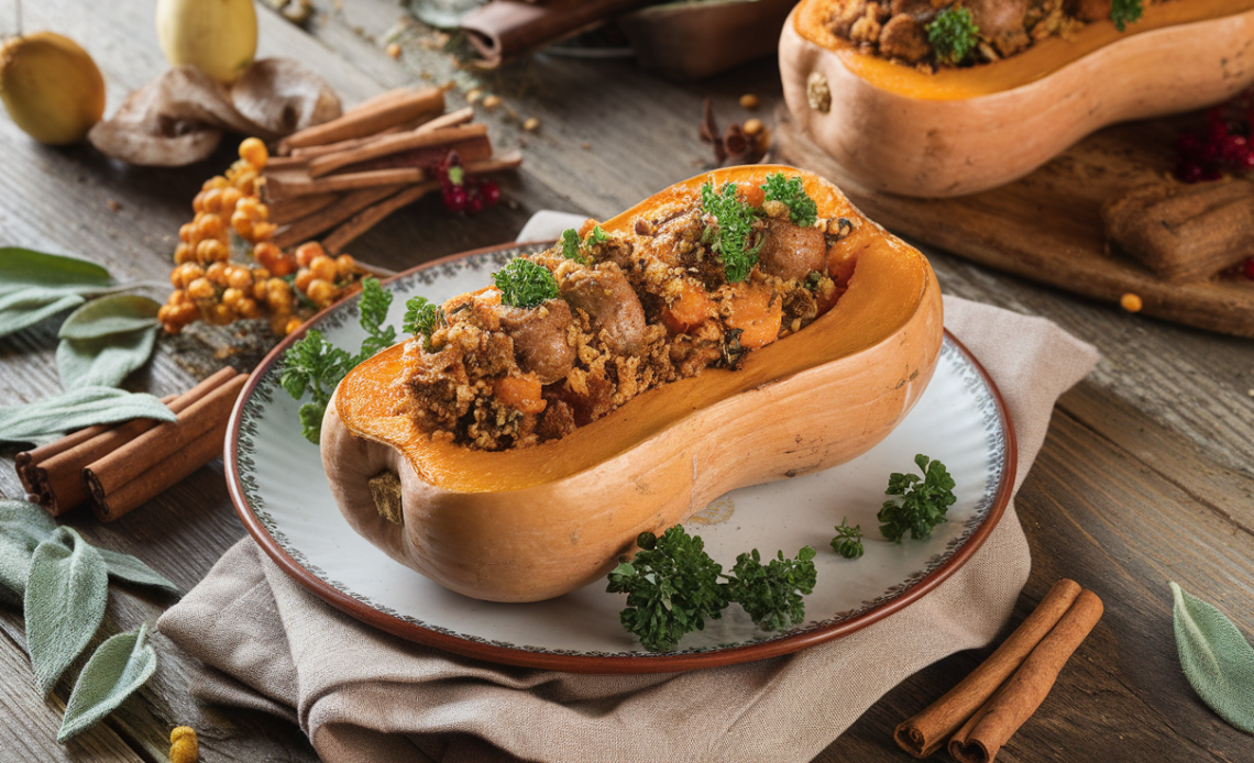 Roasted butternut squash halves stuffed with savory sausage, herbs, and melted cheese, garnished with fresh parsley.