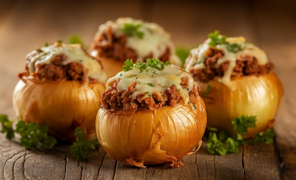 Golden-brown roasted onions stuffed with savory ground meat, herbs, and rice, garnished with fresh parsley on a white plate.