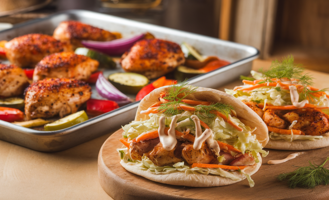 Sheet pan chicken pitas with crispy spiced chicken, fresh herb ranch slaw, and warm pita bread, ready to serve on a baking tray.