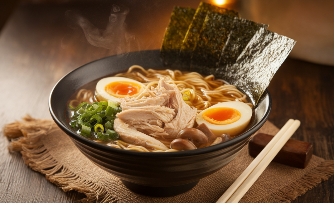 Slow Cooker Chicken Ramen with tender shredded chicken, soft-boiled eggs, green onions, and noodles in a rich savory broth.