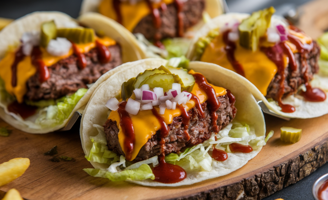 Crispy, cheesy smash burger tacos with melted cheddar, juicy beef, fresh lettuce, and tangy sauce on a warm tortilla.