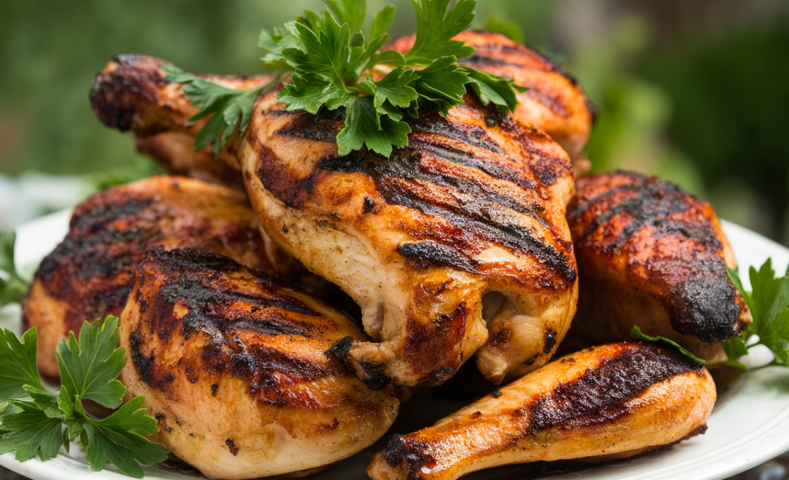 Golden-brown smoked paprika roasted chicken with crispy skin, garnished with fresh rosemary and lemon slices, resting on a white platter.
