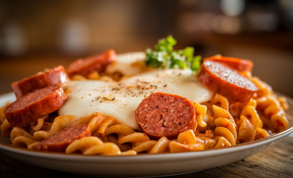 A bowl of creamy smoked sausage and mozzarella pasta garnished with fresh herbs, served in a rustic ceramic dish.