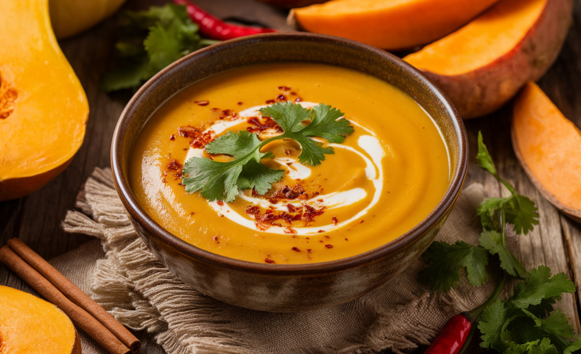 Creamy orange Spicy Butternut Squash Sweet Potato Soup garnished with roasted seeds, coconut cream, and fresh herbs in a rustic bowl.