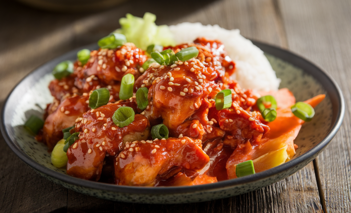A close-up of Spicy Gochujang Chicken, glazed in a vibrant red sauce, garnished with sesame seeds and green onions, served on a rustic ceramic plate.