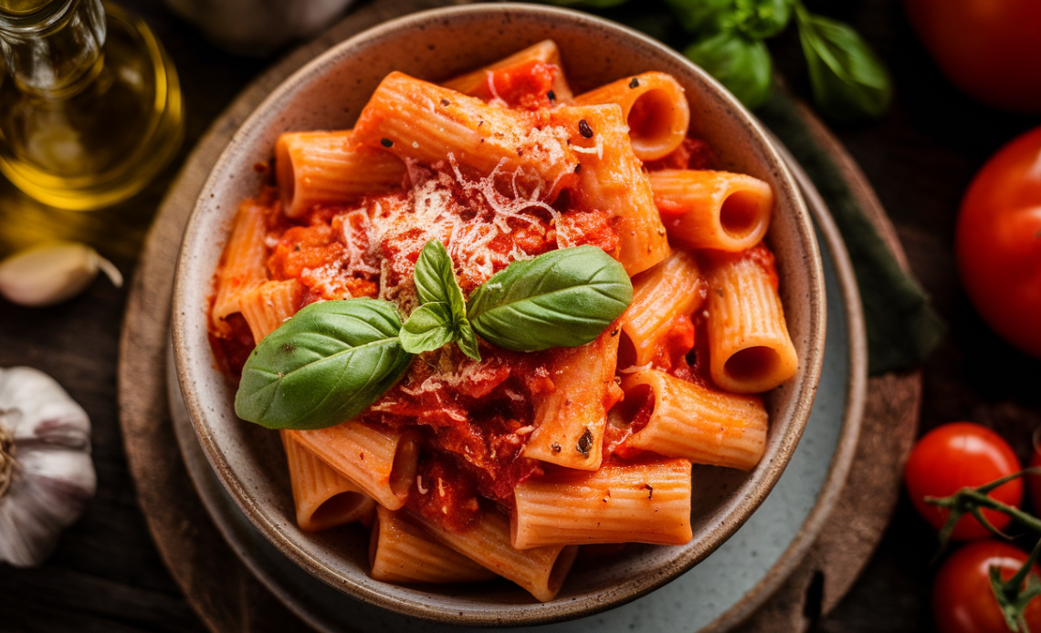 Steaming plate of Rigatoni Arrabbiata with al dente pasta, spicy tomato sauce, fresh basil, and grated Parmesan cheese.