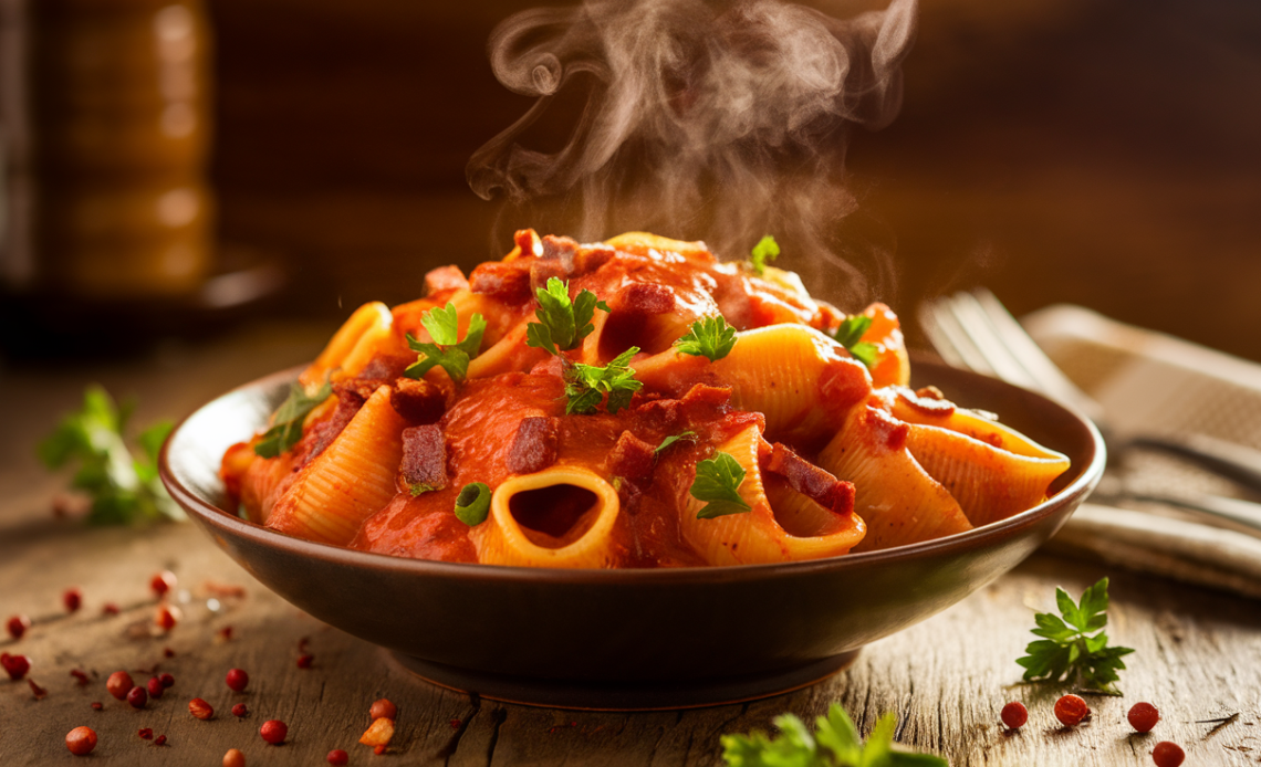 A bowl of spicy pasta shells topped with crispy bacon, fresh parsley, and grated cheese, served as a hearty meal.