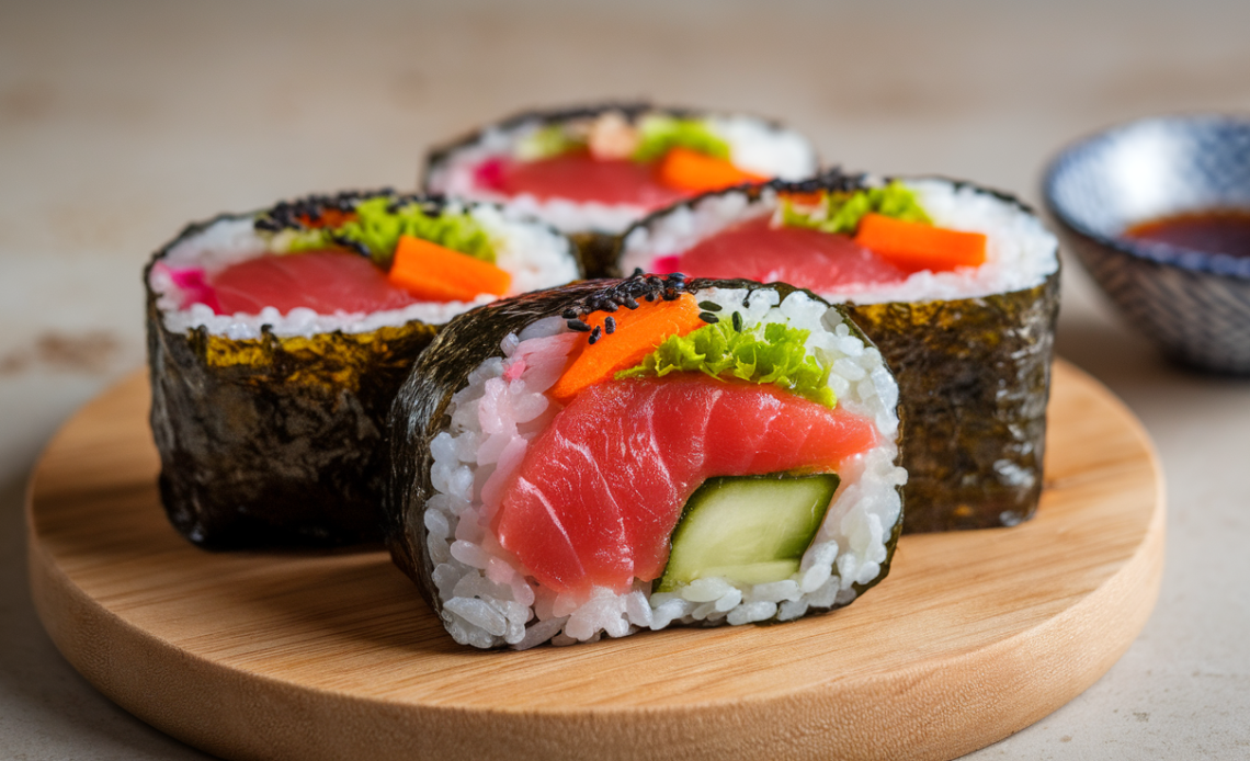 Freshly rolled Spicy Tuna Kimbap on a wooden board with sesame seeds, sliced into bite-sized pieces, served with pickled radish and soy sauce.