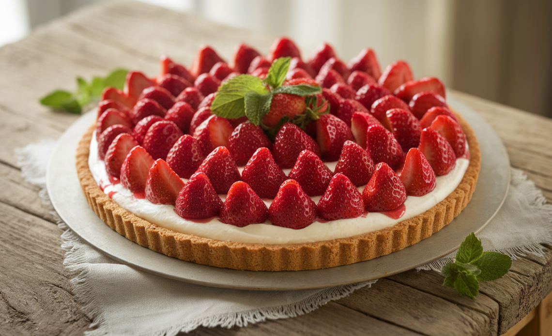 Homemade strawberry cream cheese pie with a graham cracker crust, topped with fresh strawberries and glossy glaze.