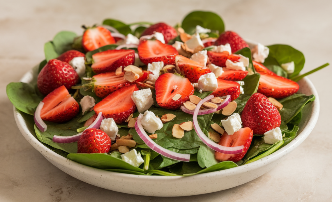Fresh strawberry feta spinach salad with sliced strawberries, crumbled feta cheese, red onions, and toasted almonds on a bed of baby spinach, drizzled with balsamic vinaigrette.