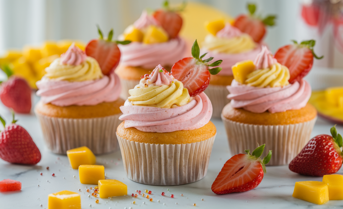Freshly baked strawberry mango cupcakes with pink and orange swirl frosting, topped with diced strawberries and mango chunks on a white plate.