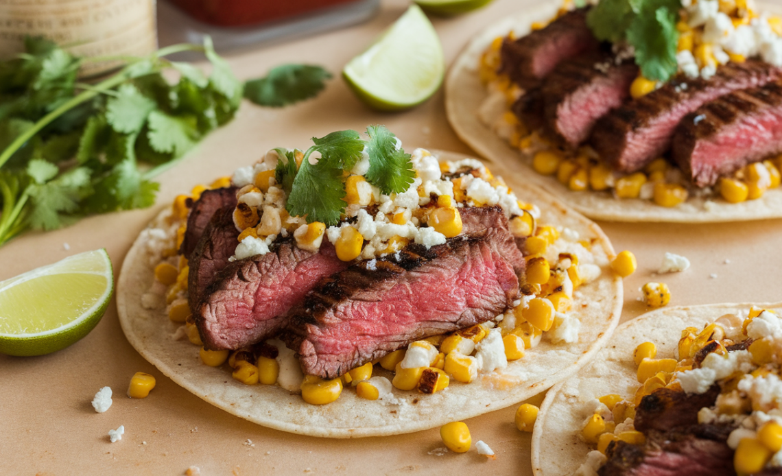 Grilled steak tacos topped with charred street corn, fresh cilantro, and lime wedges on a rustic wooden board.