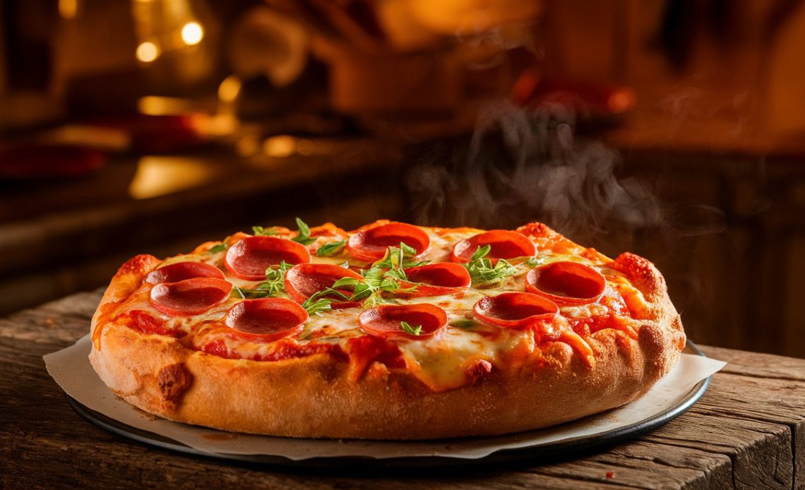 Freshly baked stuffed crust pepperoni pizza with melted cheese, golden crust, and crispy pepperoni slices on a wooden table.