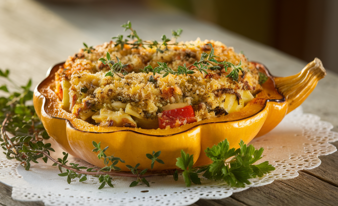 Golden roasted patty pan squash stuffed with herbed quinoa, tomatoes, and melted cheese, garnished with fresh parsley.