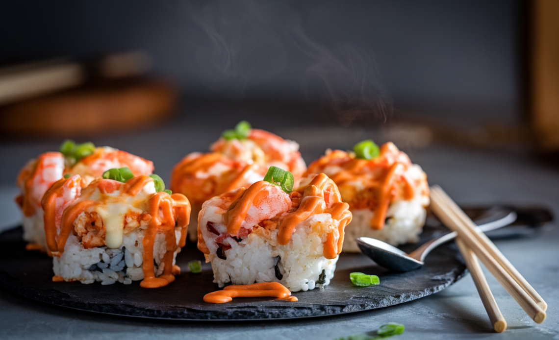 Sushi bake cups filled with creamy shrimp and crab mix, topped with spicy mayo and garnished with green onions and sesame seeds, served in golden crispy seaweed cups.