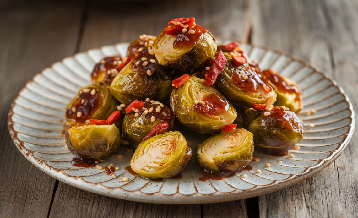 Crispy air-fried Brussels sprouts tossed in sweet chili sauce, garnished with sesame seeds and green onions, served in a white bowl.