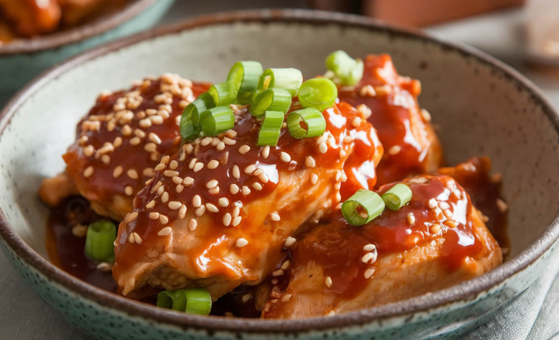 Sweet chili chicken cooked in a crockpot, served with steamed rice and garnished with green onions and sesame seeds.