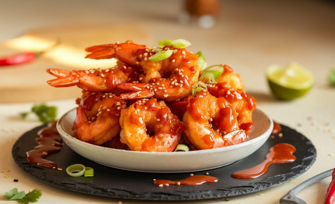 Crispy fried shrimp tossed in sweet chili sauce, garnished with green onions and sesame seeds, served on a white plate.