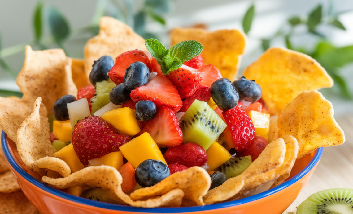 Colorful sweet fruit salsa with fresh strawberries, kiwi, and mango in a white bowl, served with crispy homemade cinnamon sugar tortilla chips.
