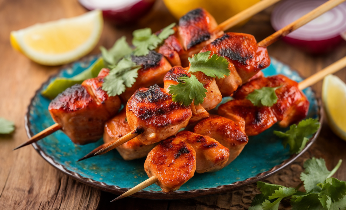 Grilled tandoori chicken tikka skewers garnished with fresh herbs and lemon wedges.