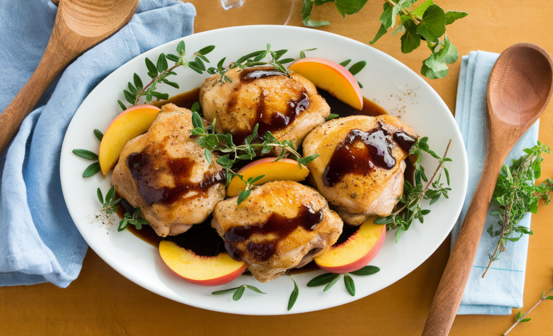 Juicy chicken thighs and caramelized peaches in a tangy balsamic glaze, cooked in a cast-iron skillet with fresh thyme.