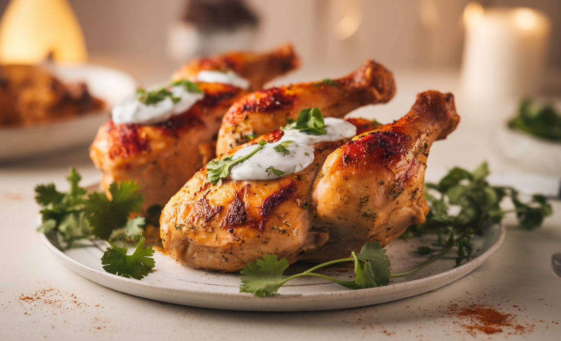 Golden-brown yogurt-marinated chicken thighs with herbs and spices, served on a white plate with fresh lemon wedges and parsley garnish.