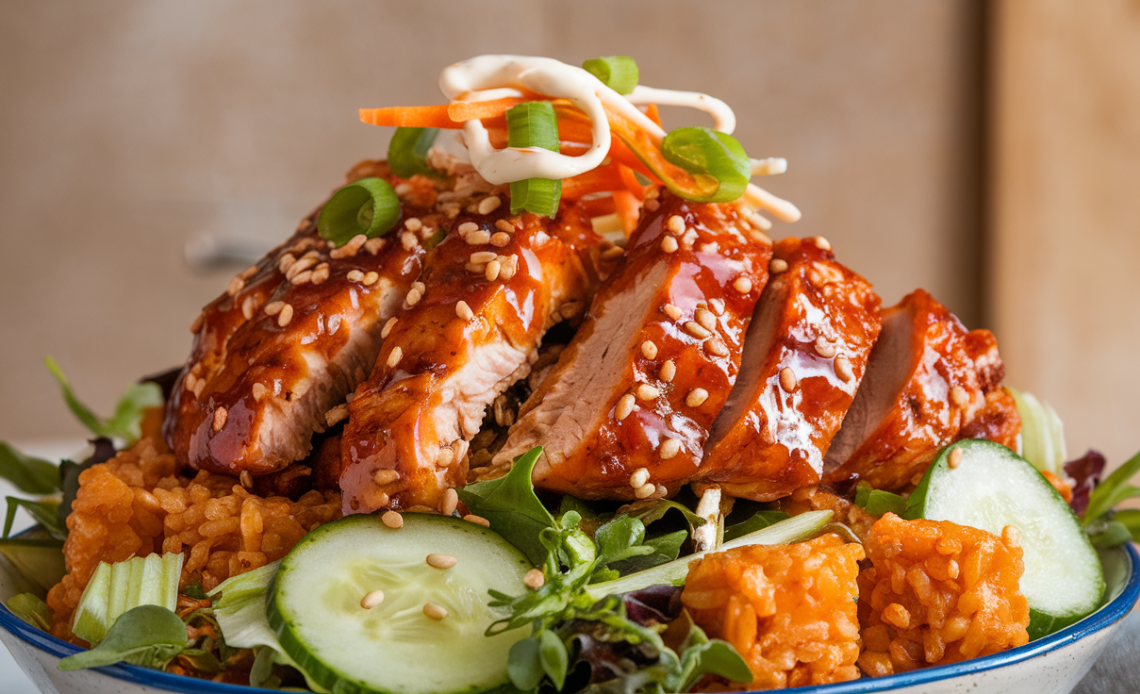 Golden crispy rice salad topped with juicy teriyaki-glazed chicken, fresh cucumbers, avocado, scallions, and sesame seeds in a white bowl.