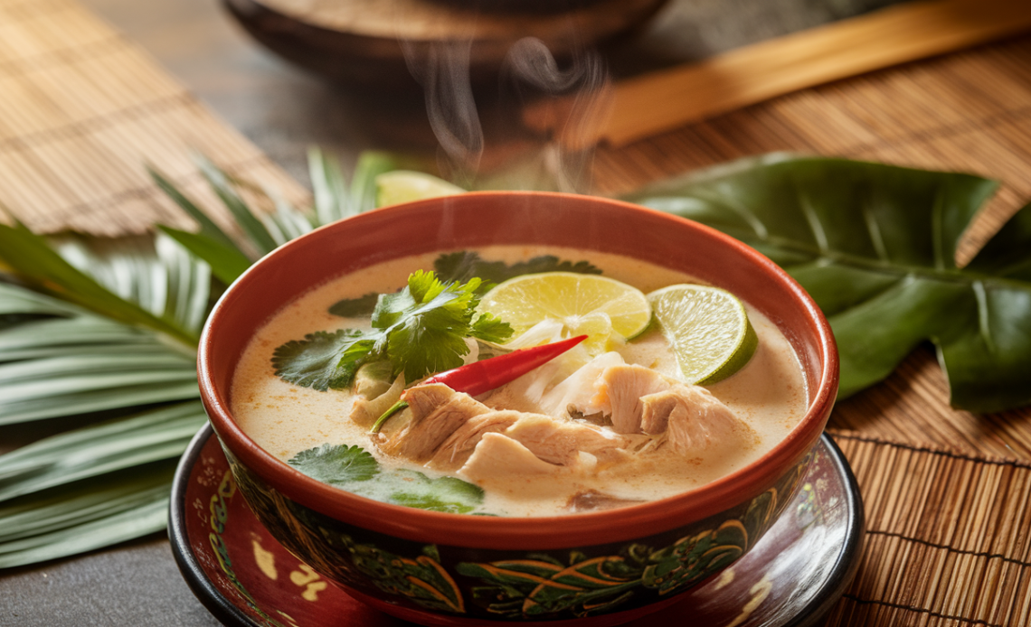Creamy Thai coconut soup with shrimp, mushrooms, lemongrass, and lime leaves in a white bowl, garnished with cilantro and chili.
