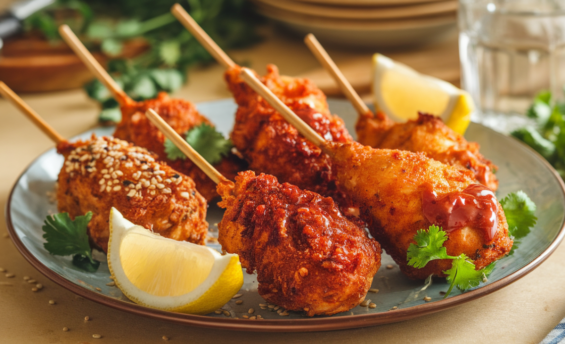Crispy golden chicken lollipops arranged on a white plate, garnished with fresh herbs and served with spicy dipping sauce.