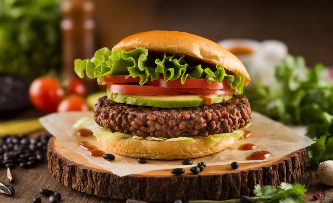 Homemade black bean burgers with avocado, lettuce, and tomato on a toasted bun, served with a side of crispy sweet potato fries.