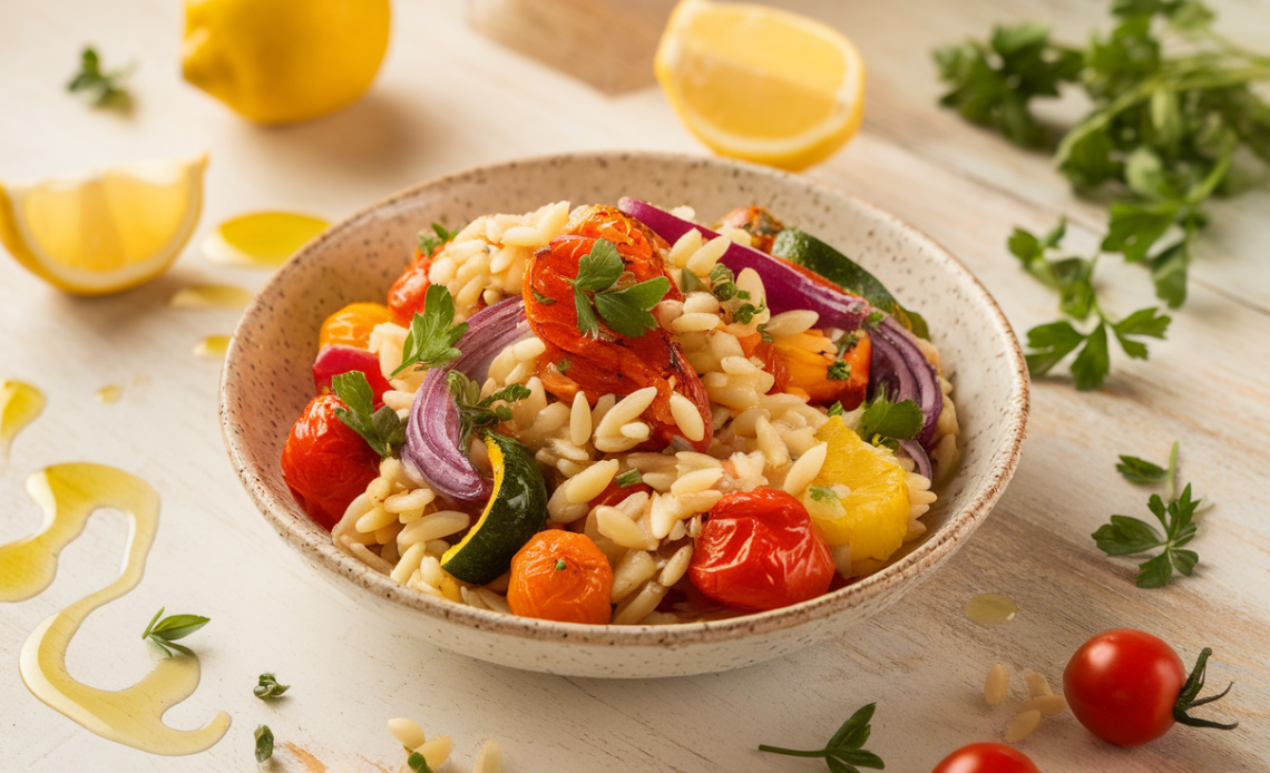 Colorful roasted vegetables and orzo pasta in a white bowl, garnished with fresh herbs and feta cheese.