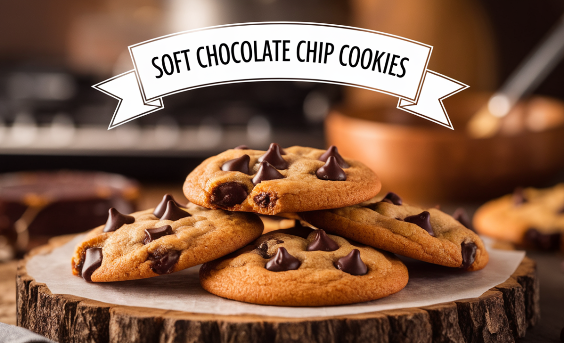 A close-up of freshly baked, soft chocolate chip cookies with gooey melted chocolate chips and a golden-brown exterior.