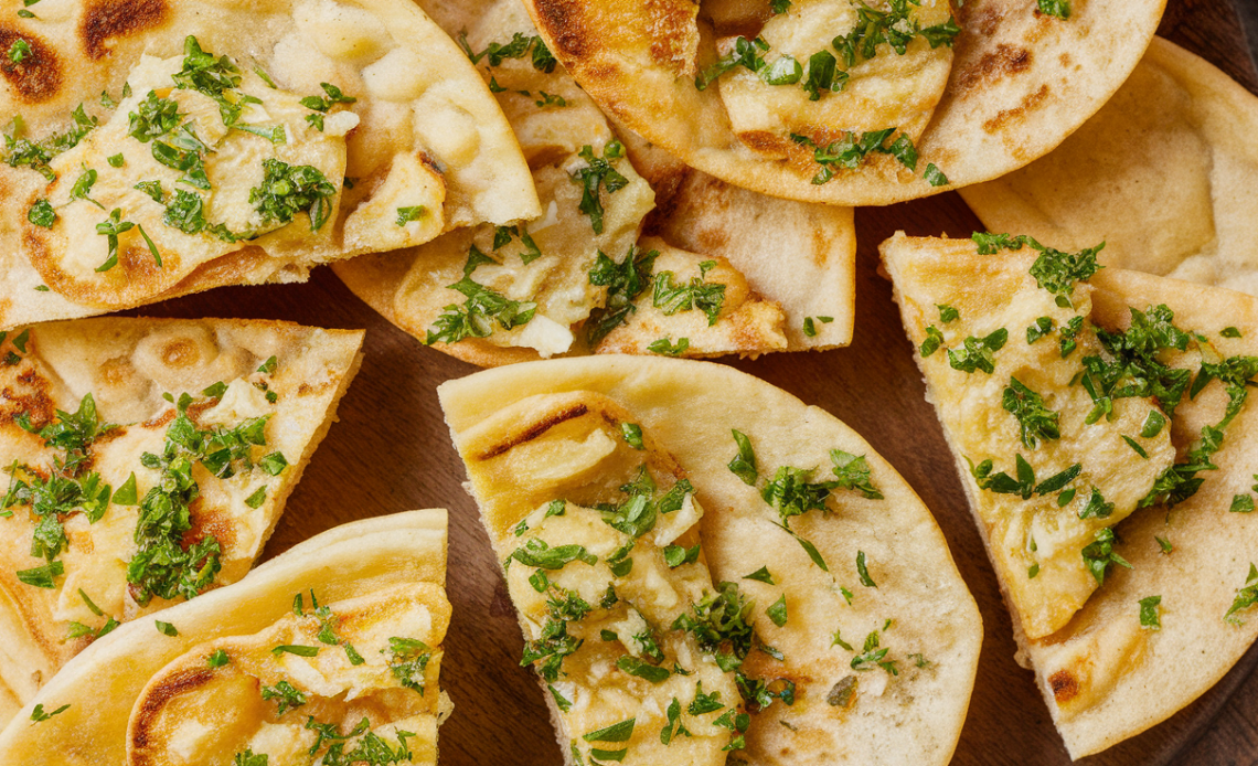 Close-up of golden, crispy tortilla garlic bread slices topped with melted butter and fresh herbs.