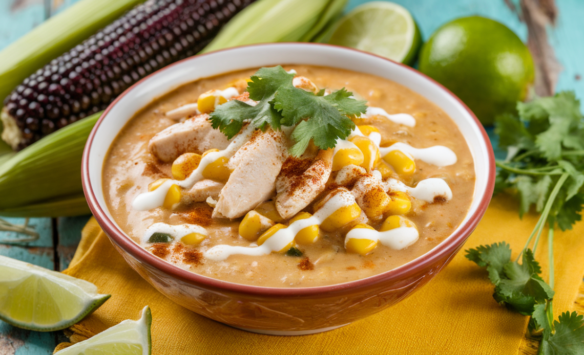 Creamy white chicken chili with grilled corn, cotija cheese, cilantro, and lime in a rustic bowl, inspired by Mexican street corn (elote).
