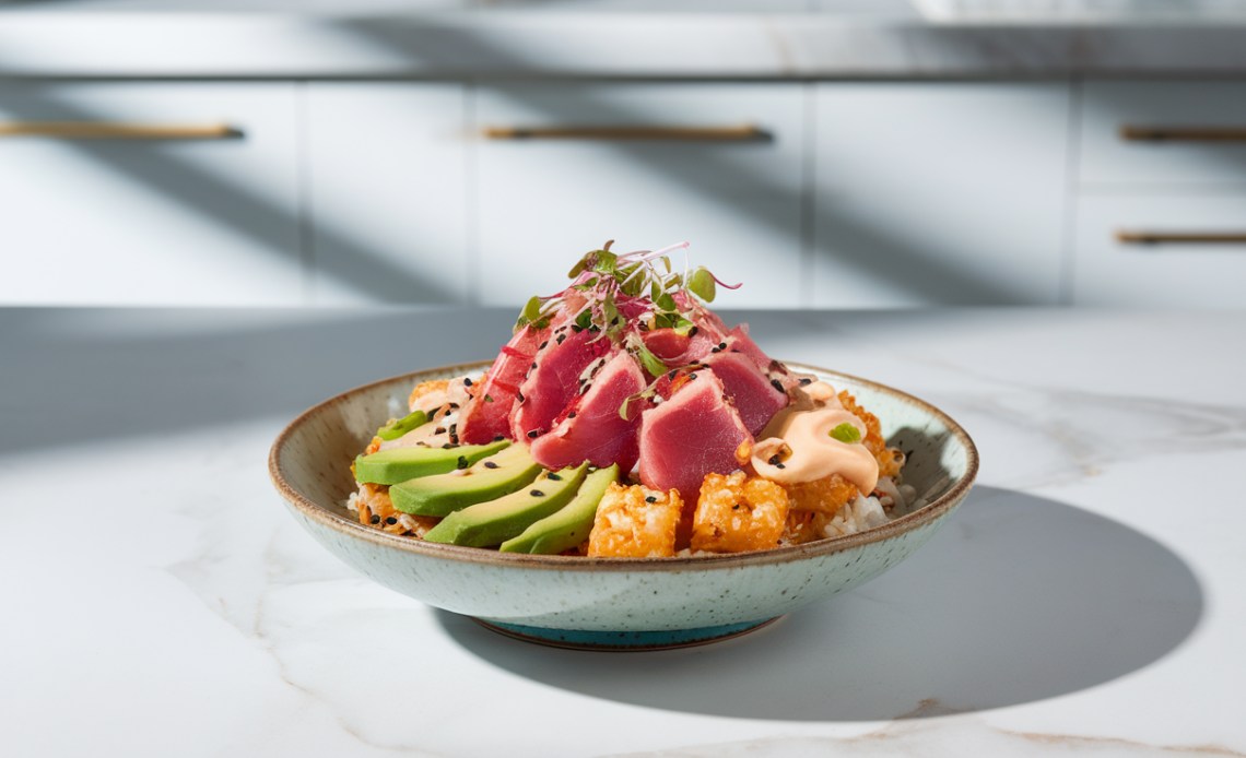 Fresh Tuna Avocado Crispy Rice Salad with sesame seeds, sliced cucumber, and microgreens on a white plate.