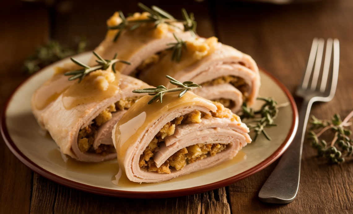 Savory turkey and stuffing roll-ups with golden-brown edges, sliced to reveal layers of herb-seasoned stuffing and roasted turkey, drizzled with gravy.