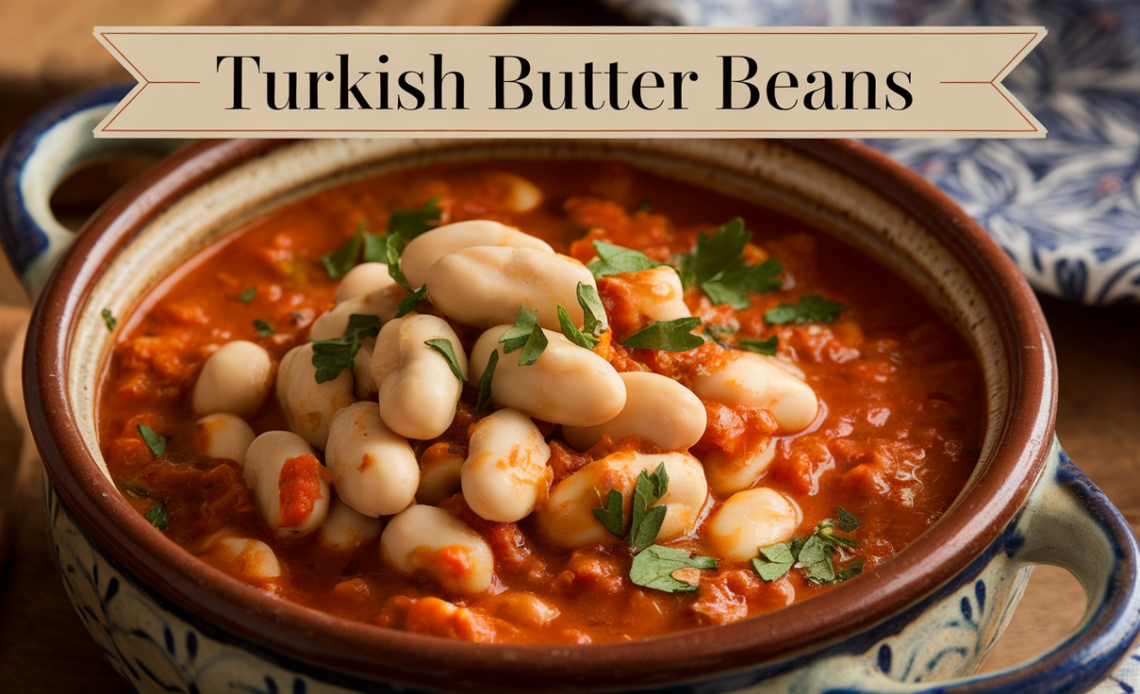 Close-up of cooked Turkish butter beans in a rich tomato sauce, garnished with fresh parsley.