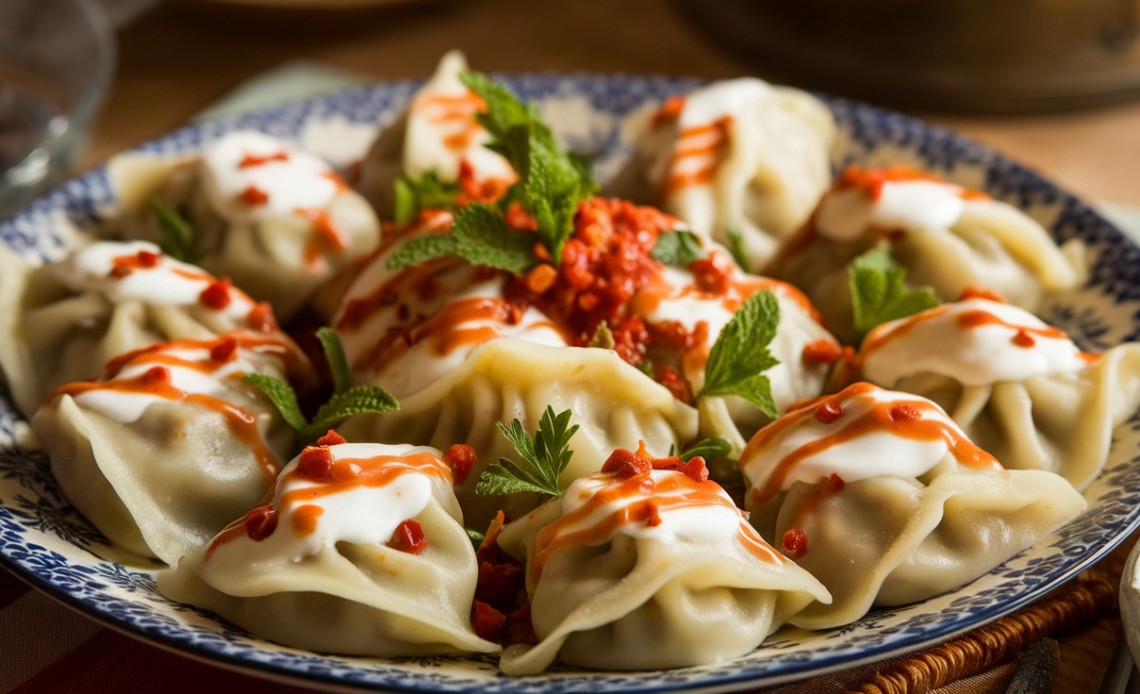 Close-up of Turkish manti dumplings topped with yogurt and red pepper sauce on a rustic plate.