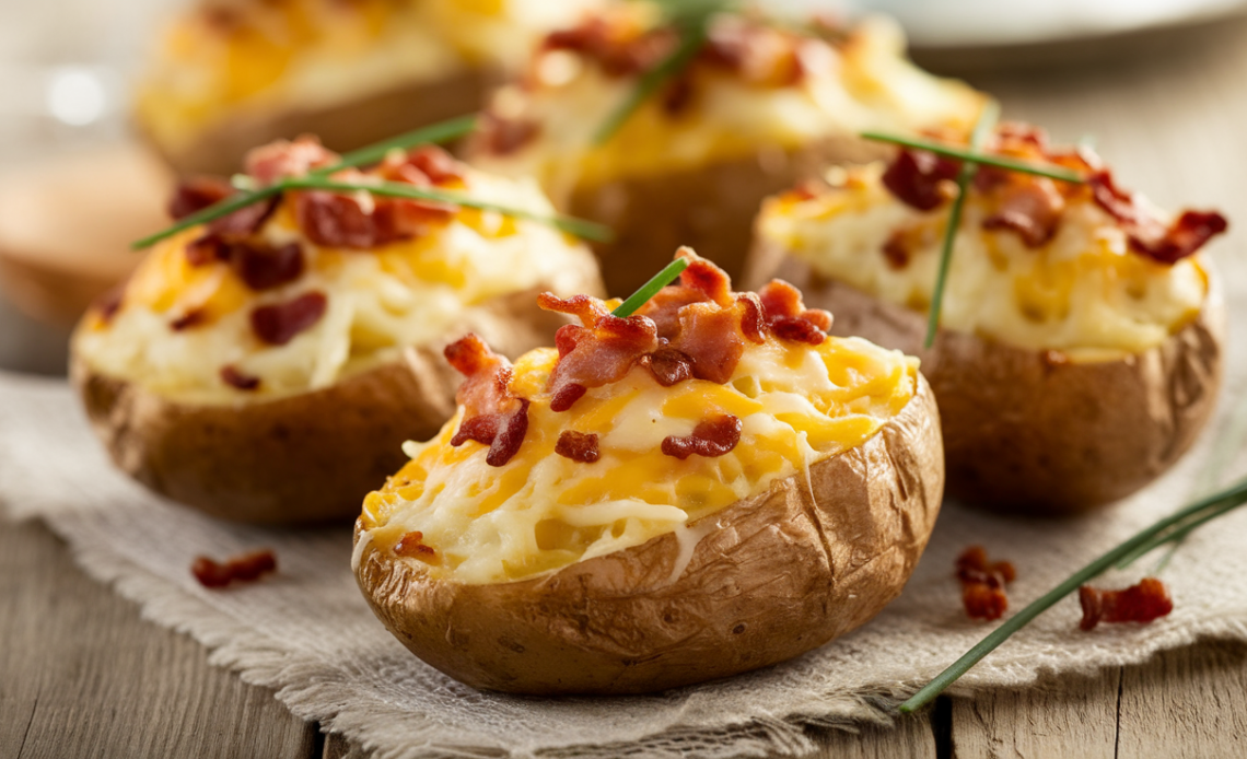 Golden twice-baked potatoes with melted cheese, crispy bacon, and chives on a white plate.